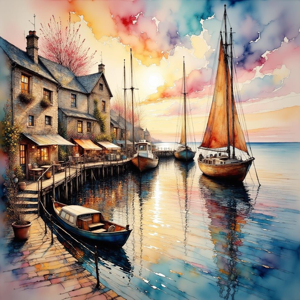 Impressionist Harbour Scene with Sailboats and Cargo Ships