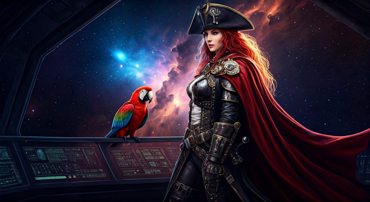 Space Pirate Captain on Starship Bridge in Ghibli Style