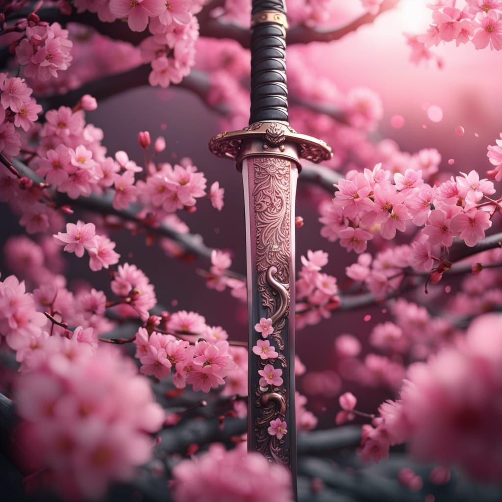 Samurai Katana among Pink Sakura in 3D Render