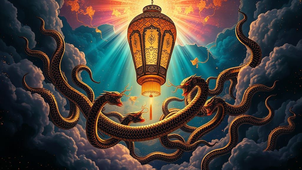 Bioluminescent Celestial Lantern with Swirling Serpent Pod