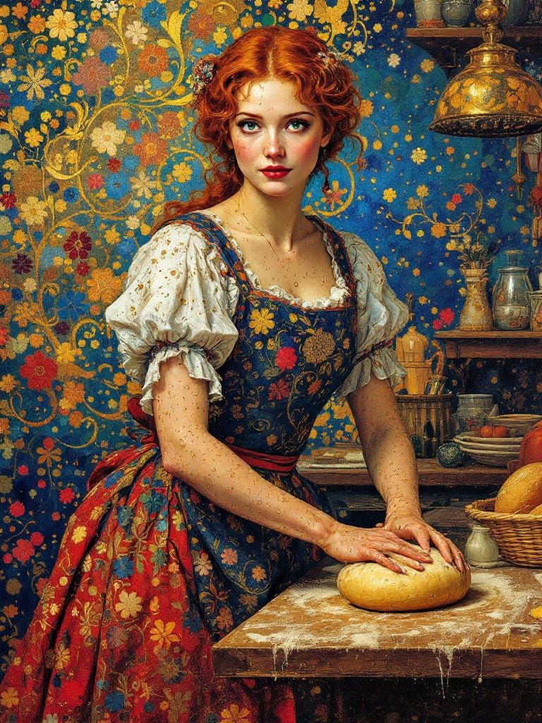 Redhead Baker Kneading Dough in Art Nouveau Kitchen