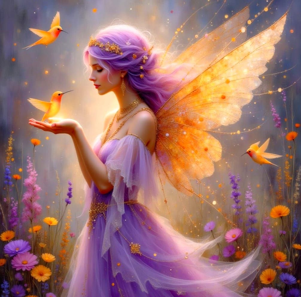 Ethereal Fairy in Wildflower Meadow with Hummingbirds