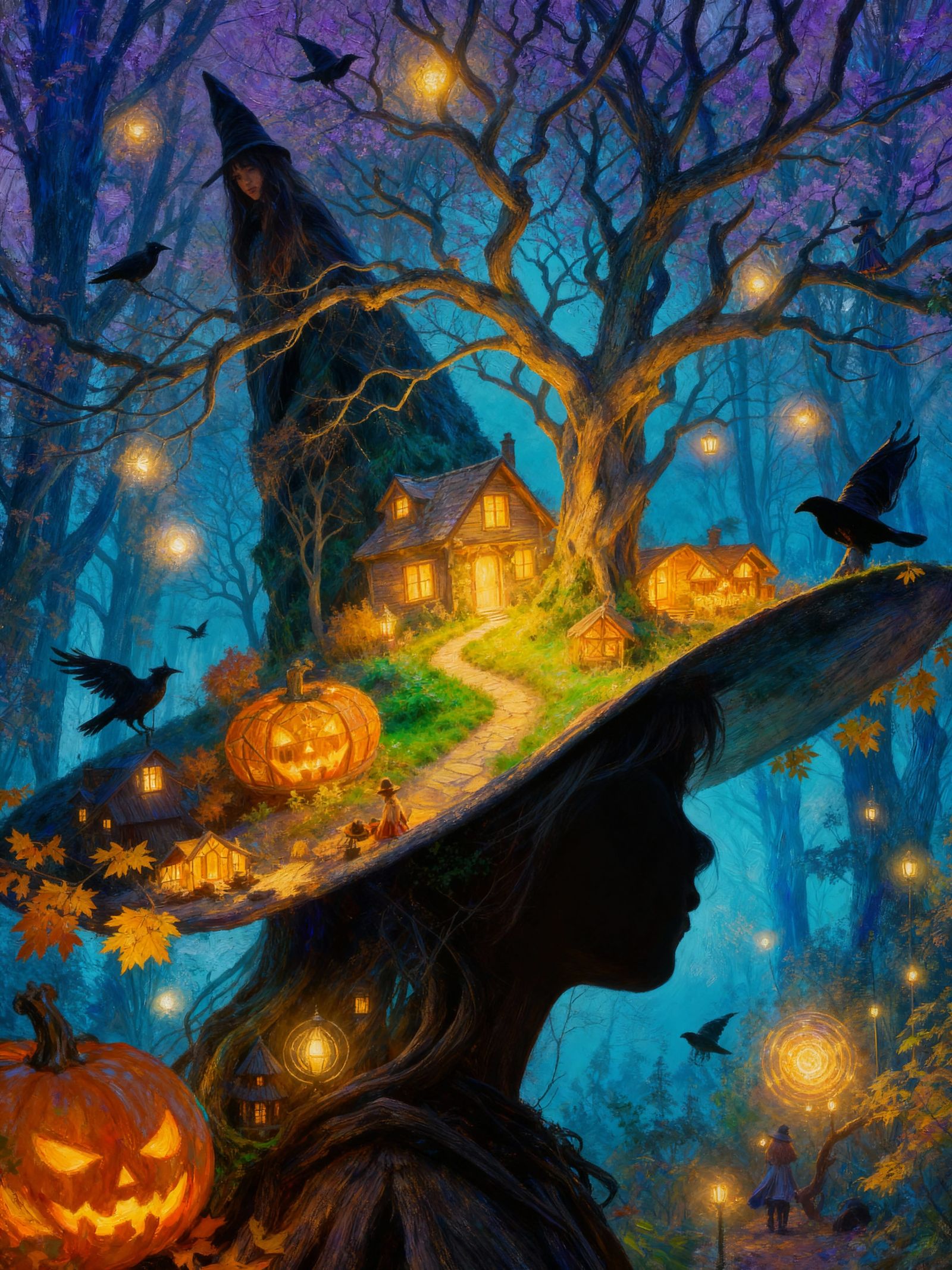 Enchanted Witch Hat Fantasy Scene with Woodland Home