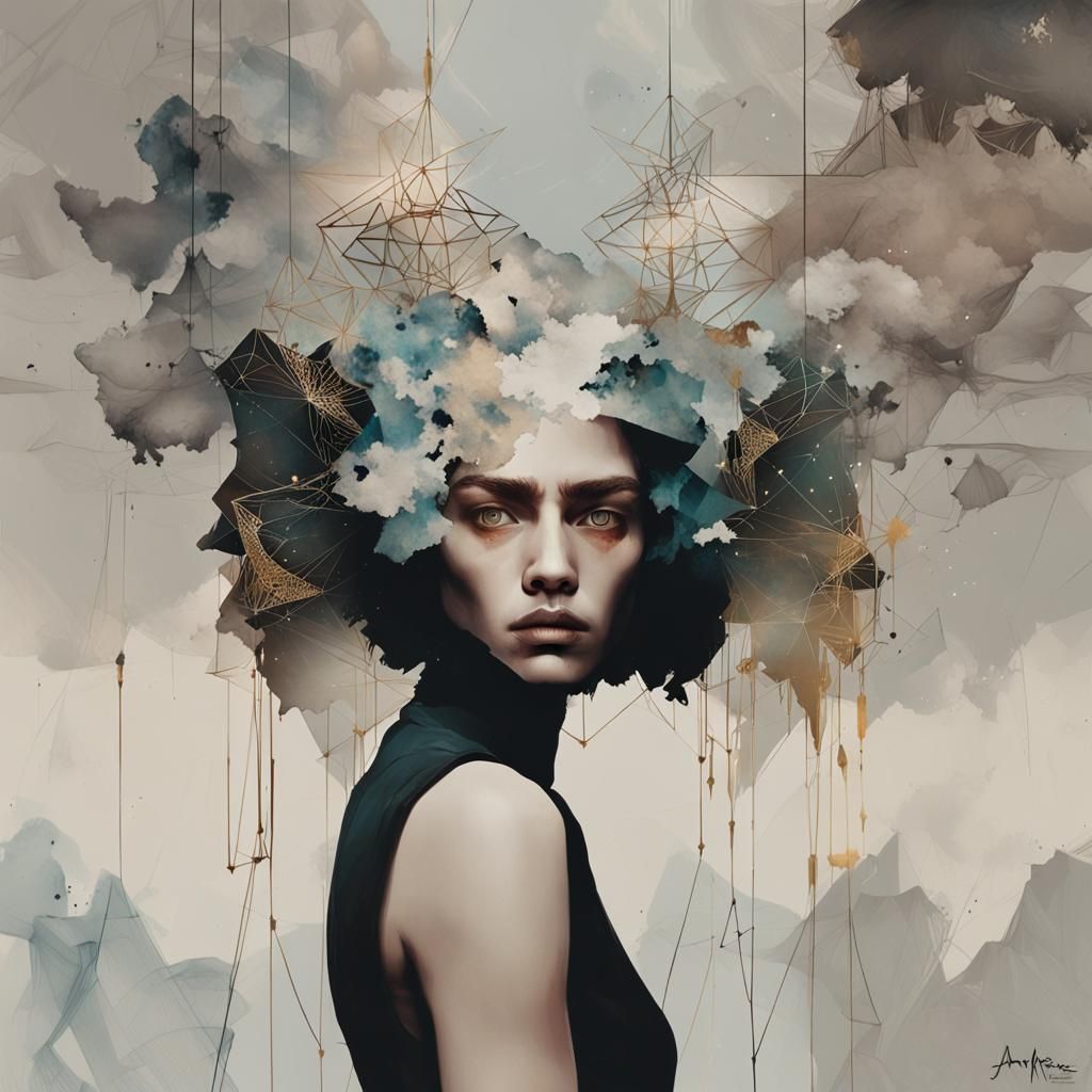 Surreal Portrait of a Man in a Golden, Geometric World