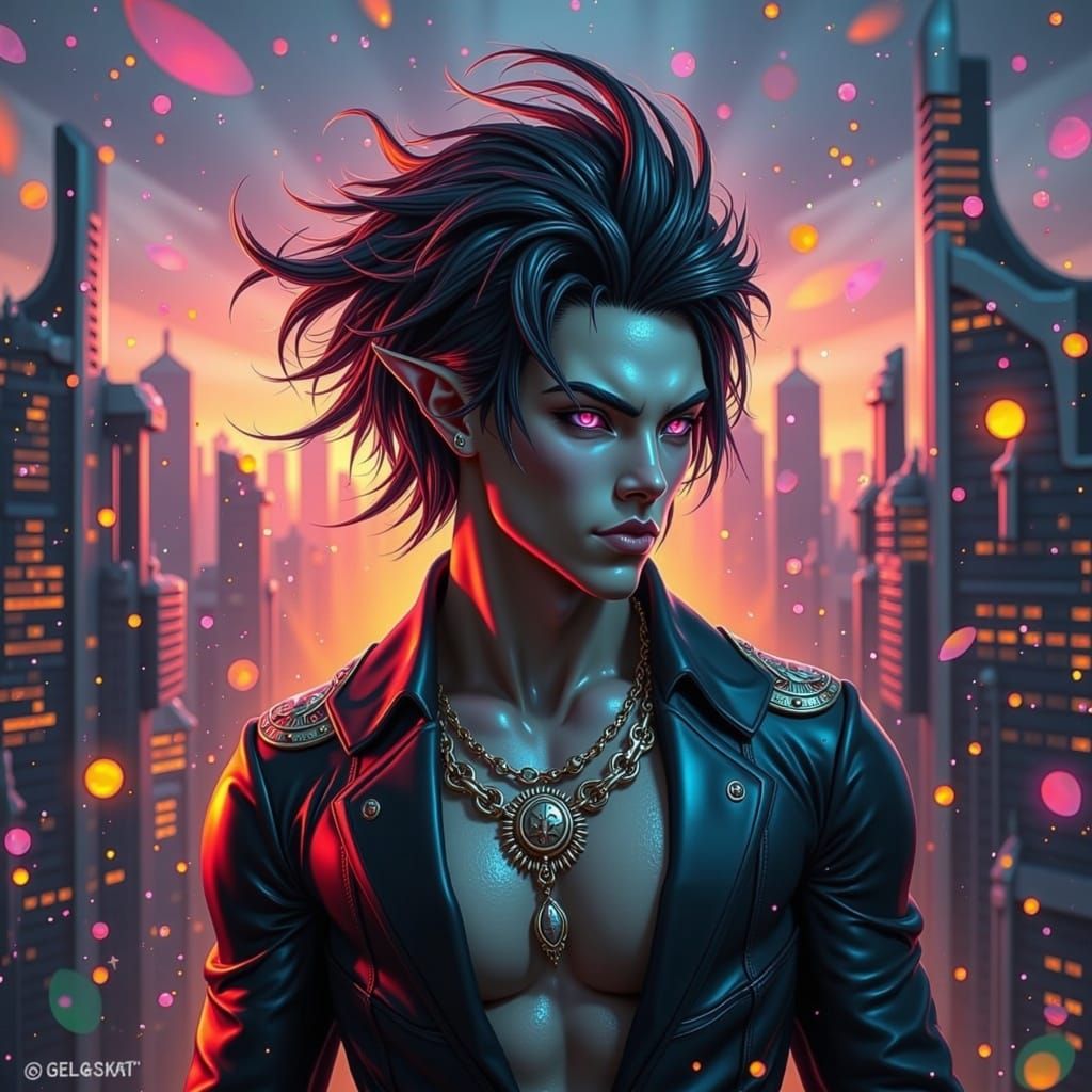Majestic Androgynous Figure in Futuristic Cityscape