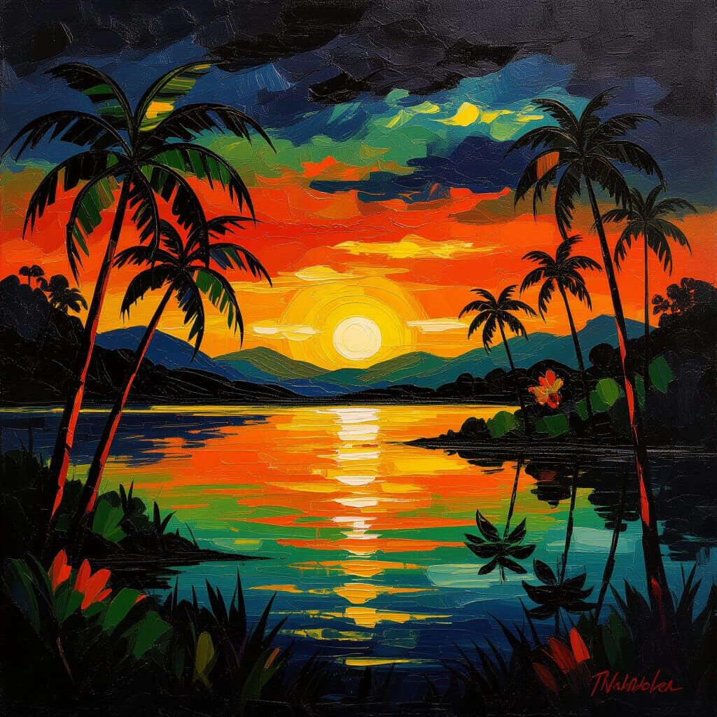 Moody Tropical Sunset with Orange Water and Green Haze