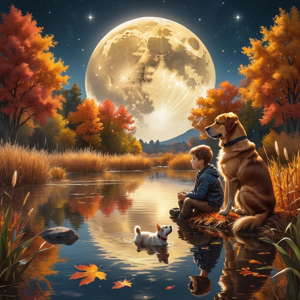 Boy and Dog by Pond in Autumn Moonlight