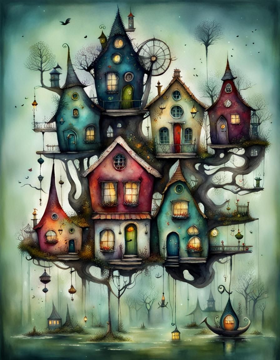 Whimsical Homes in Watercolor and Ink Illustration