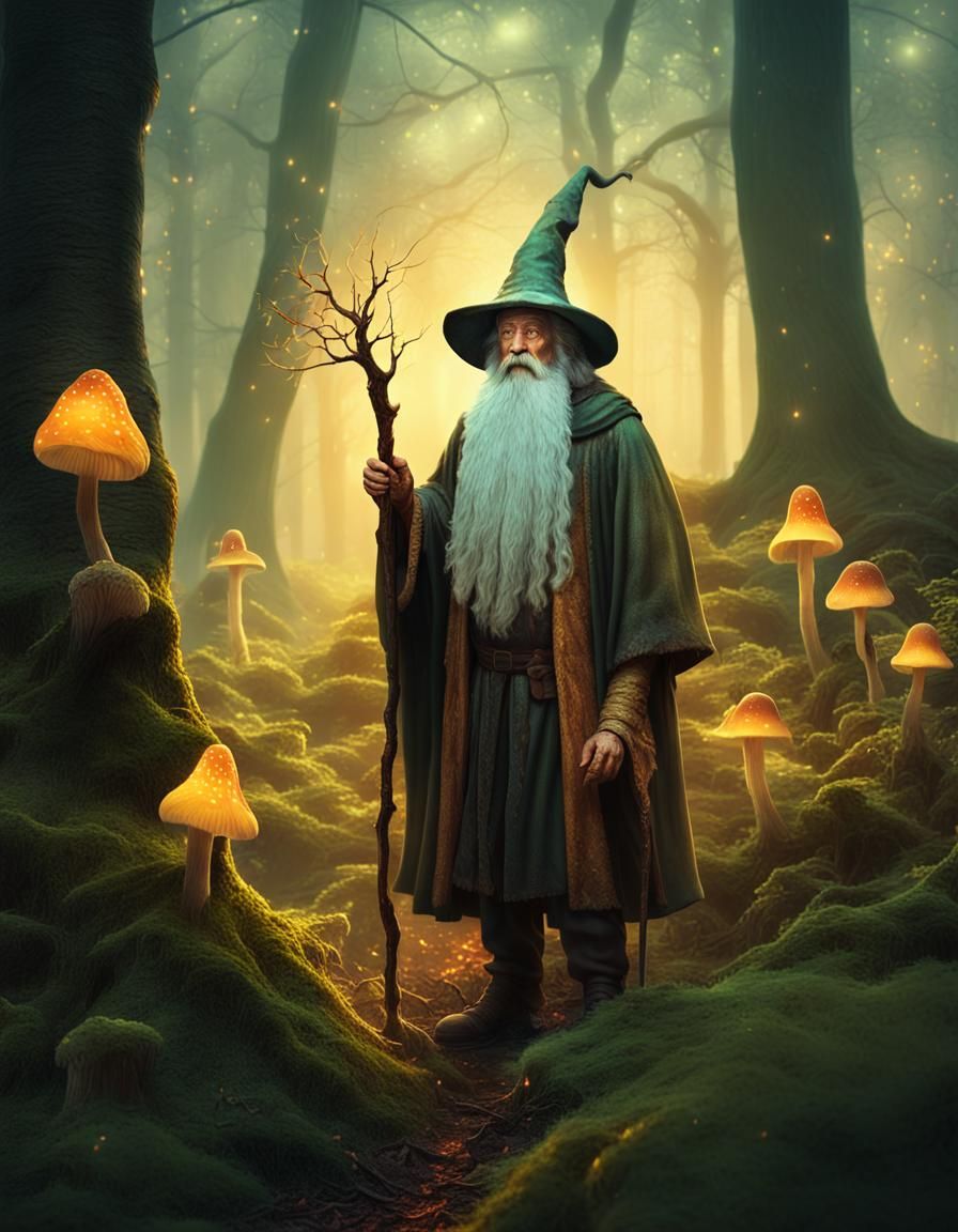 Old Wizard in Misty Forest: Magical Realism