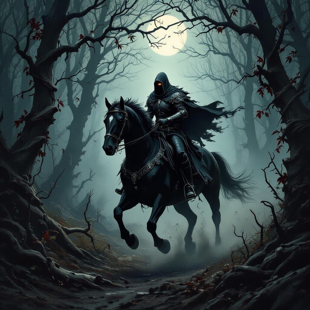 Headless Horseman Gallops Through Gloomy Forest