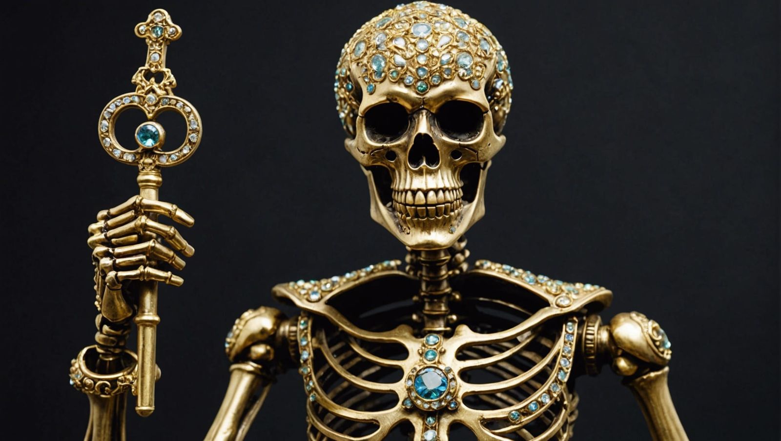 Jeweled Skeleton Key Held by Golden Skeleton