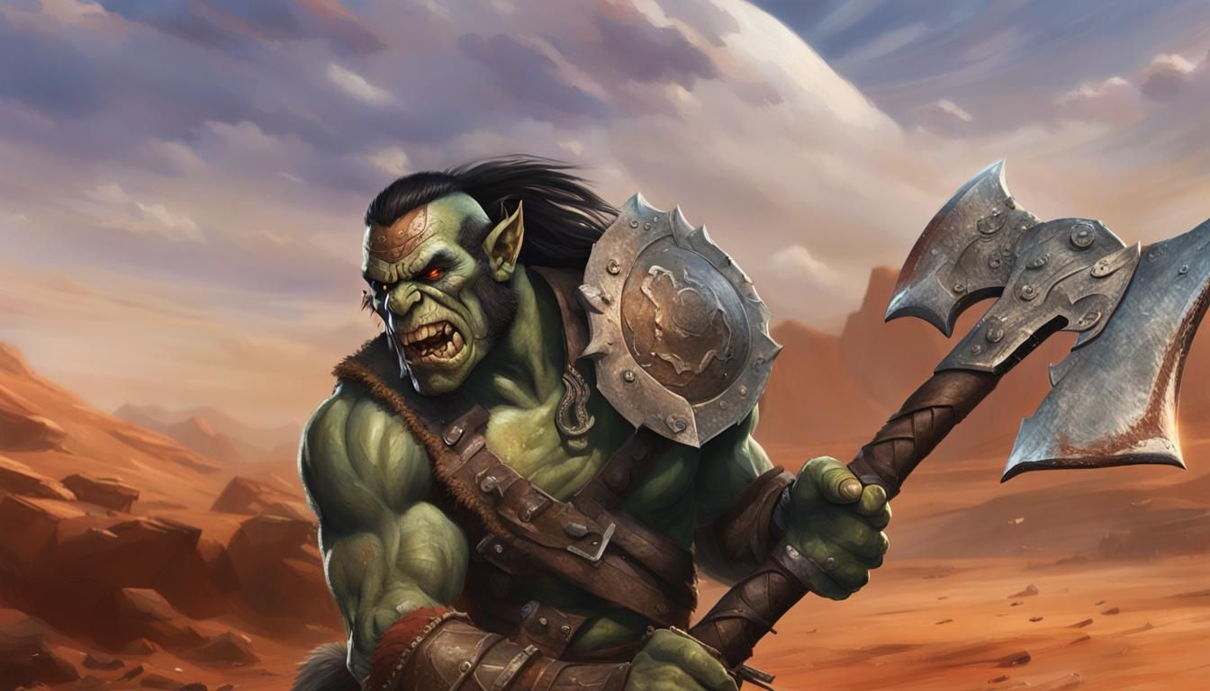Orc Warrior Swinging Axe in Hyperrealistic Style