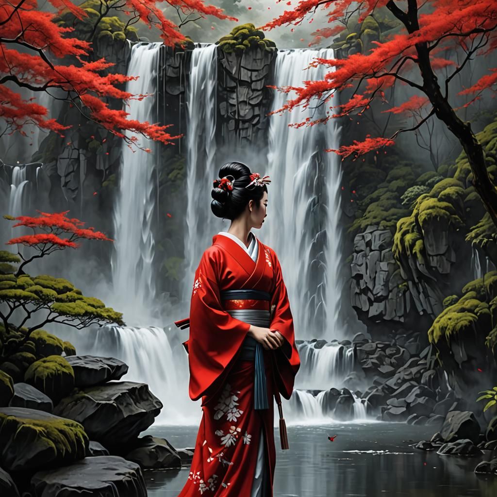 Glowing Waterfall with Red Bird in Fantasy Style