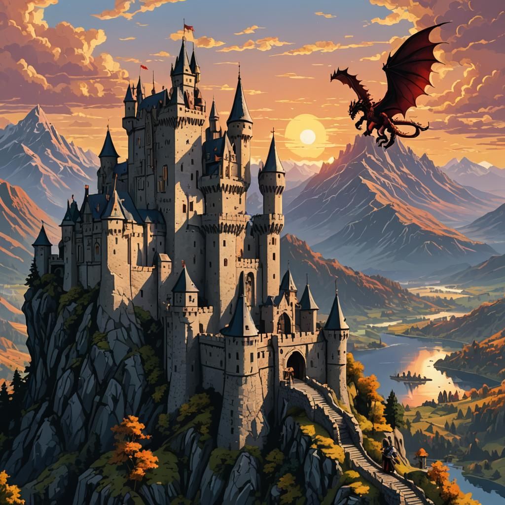 16-bit Knight and Dragon at Medieval Castle