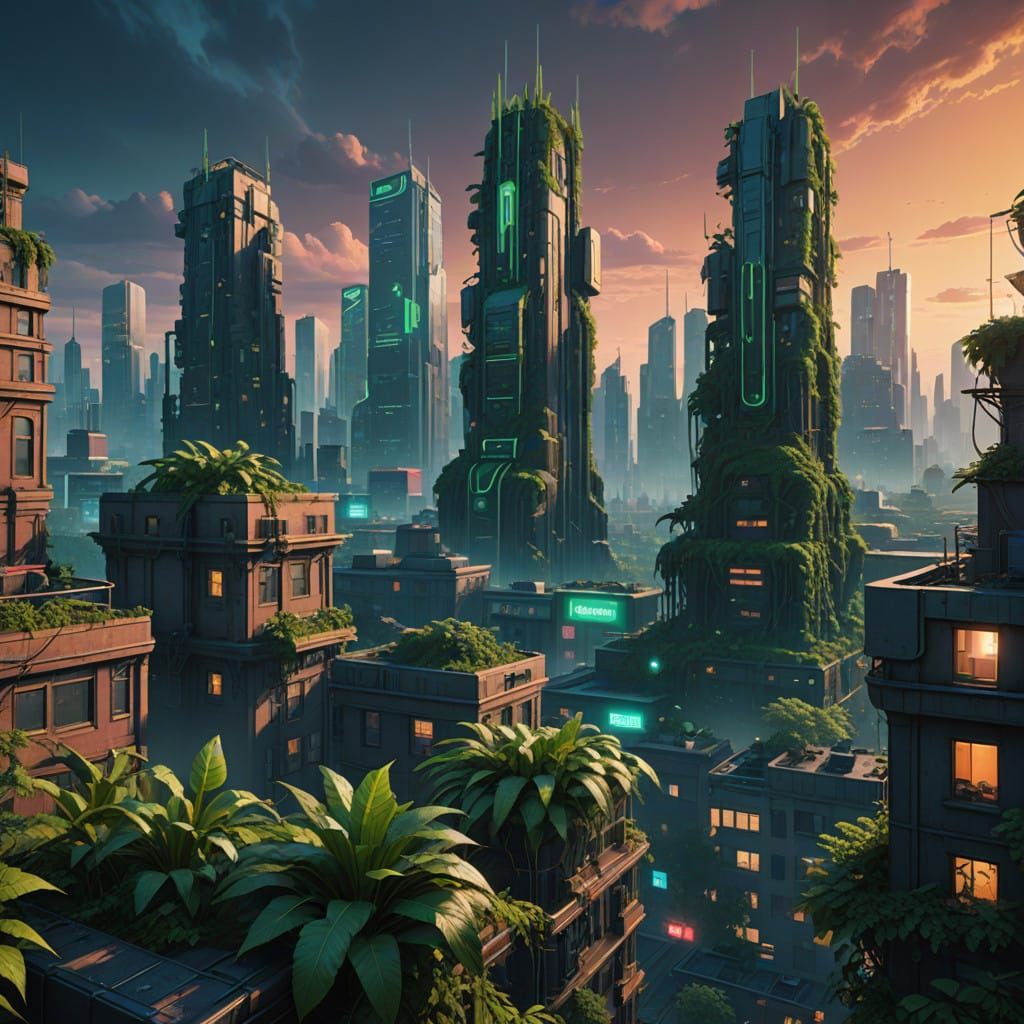 Cyberpunk Futuristic Cityscape at Dusk