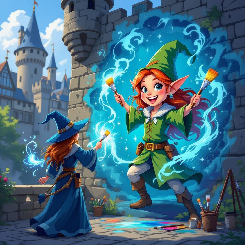 Wizard Artist Controls Brushes with Magic to Paint Elf Mural