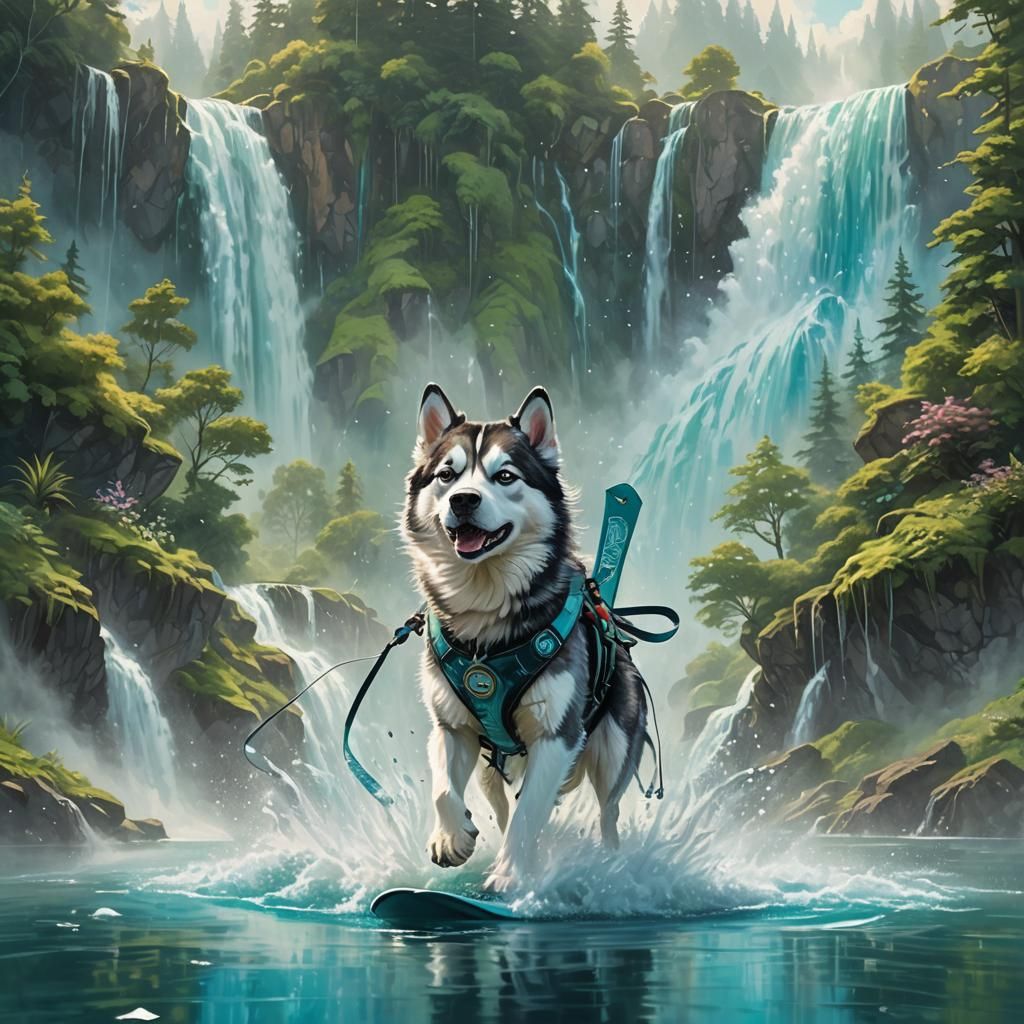 Husky Water Skis on Turquoise Lake: Fauvist Expressionism