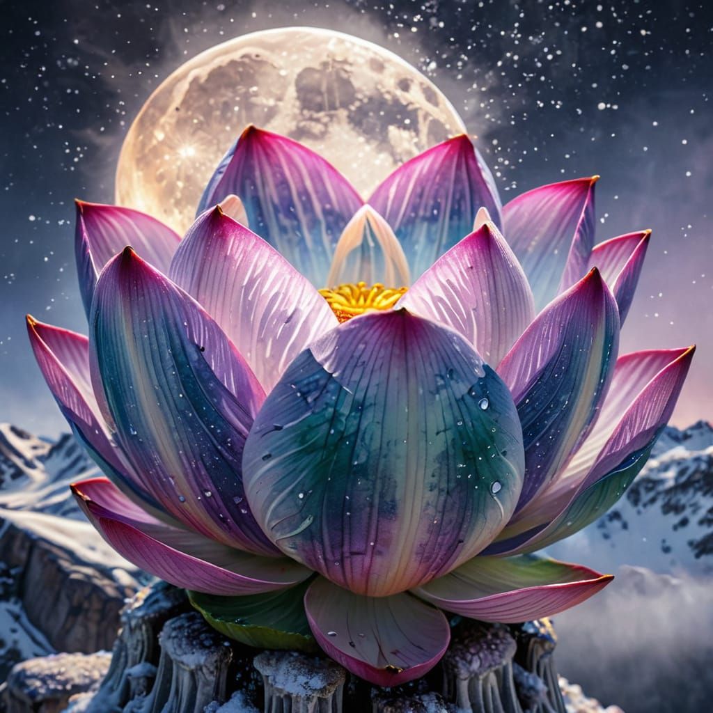 Snowy Lotus in Filigree Ink Details Under Super Moon