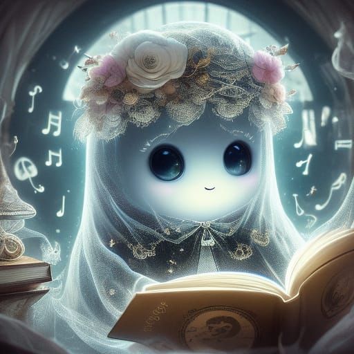 Whimsical Baby Ghost Reads Book in Hyperrealistic Detail