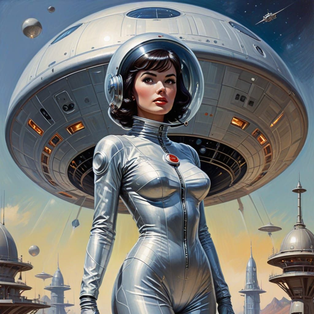 Retro Sci-Fi Girl and Flying Saucer Illustration