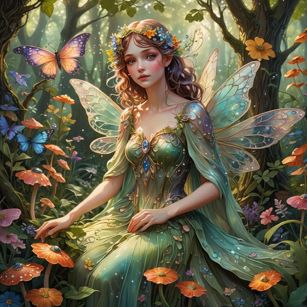 Enchanting Fairy in Woodland, Art Nouveau Illustration