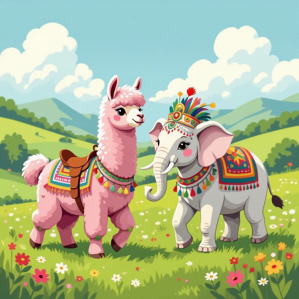 Pink Llama and White Elephant in Meadow