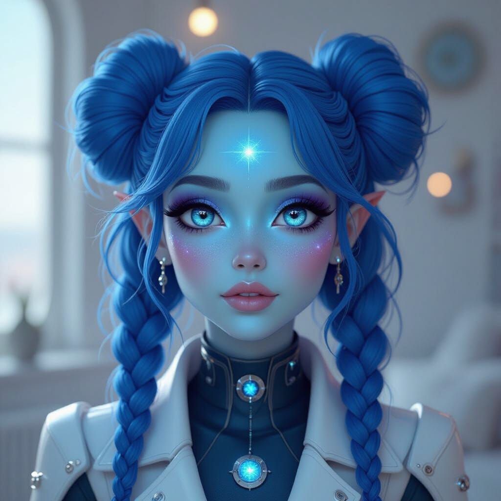 Fantasy Alien Woman with Galaxy Eyes in Pastel Room