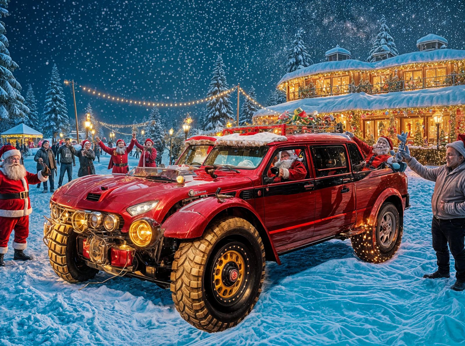 Santa's Festive Vehicle at a Grand Christmas Celebration