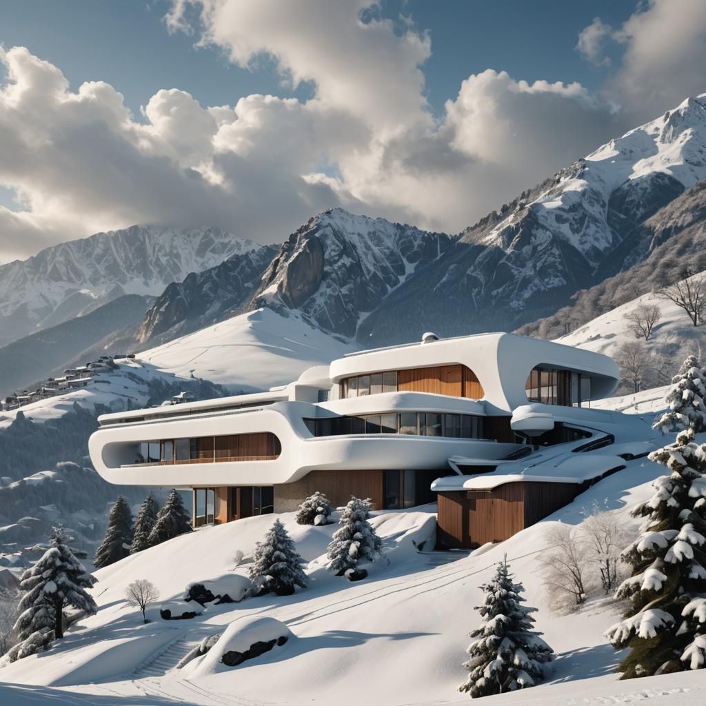 Modern Villa on Snowy Mountain in Splash Art Style