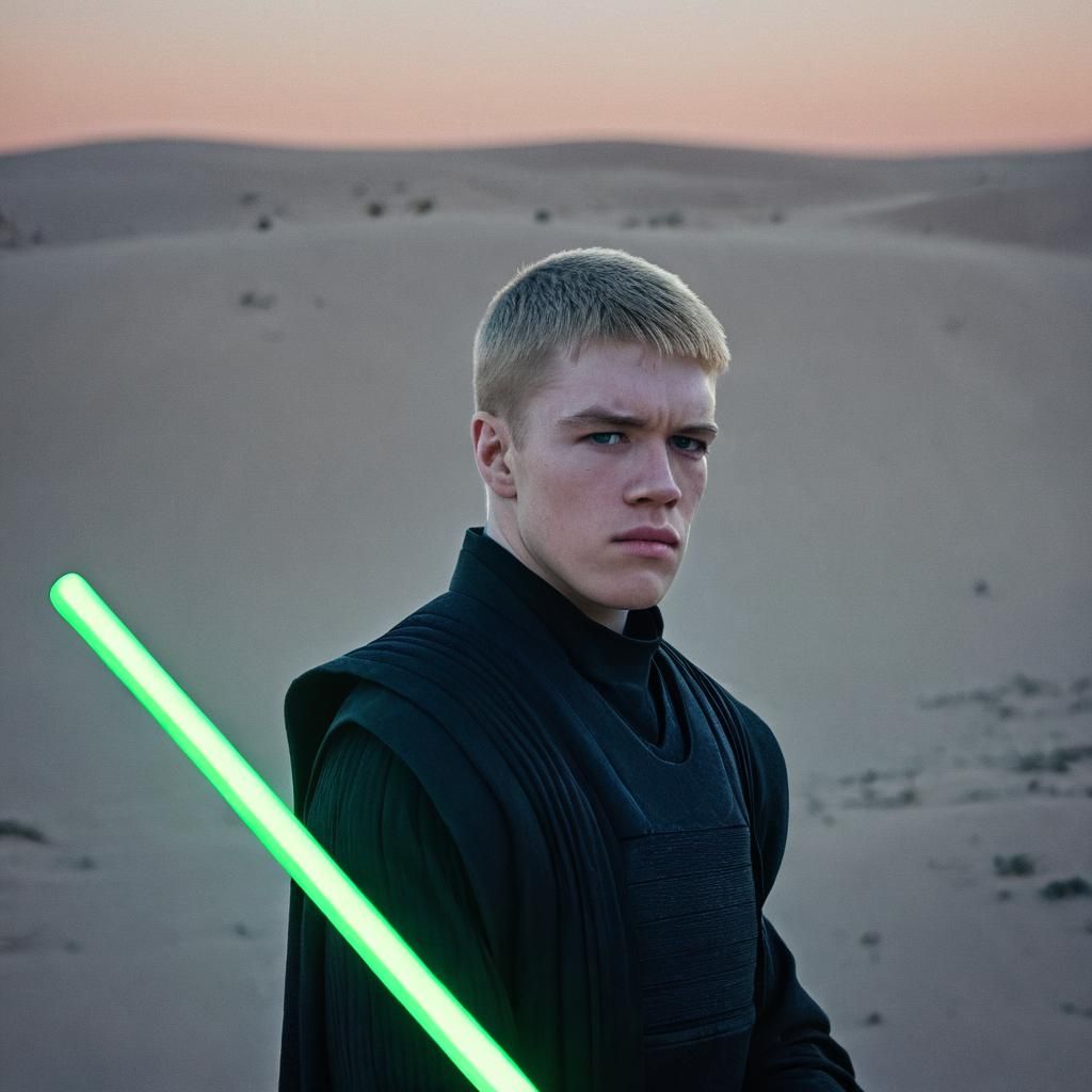 Blond Jedi Knight with Lightsaber on Desert Planet