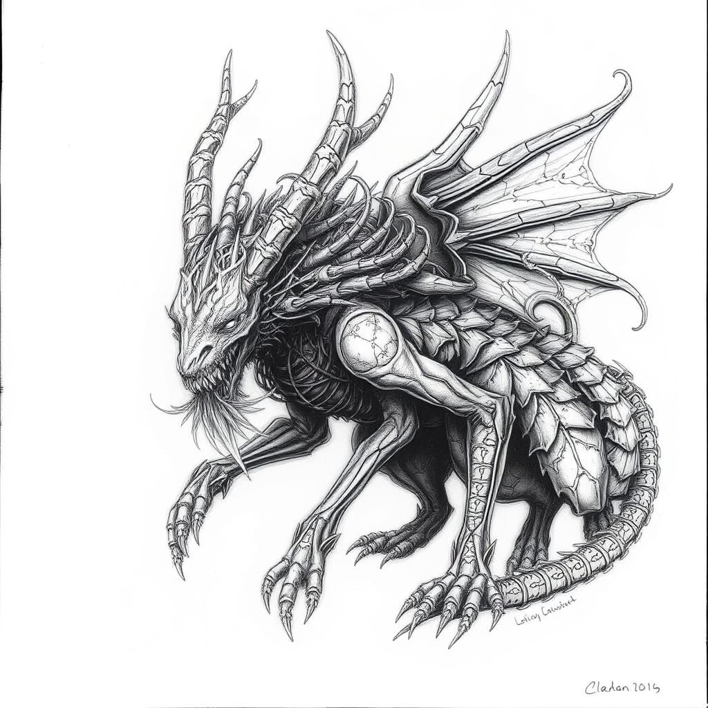 Hyperdetailed Mythical Creature Charcoal Drawing