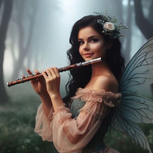 Enigmatic Faerie Plays Flute in Misty Forest