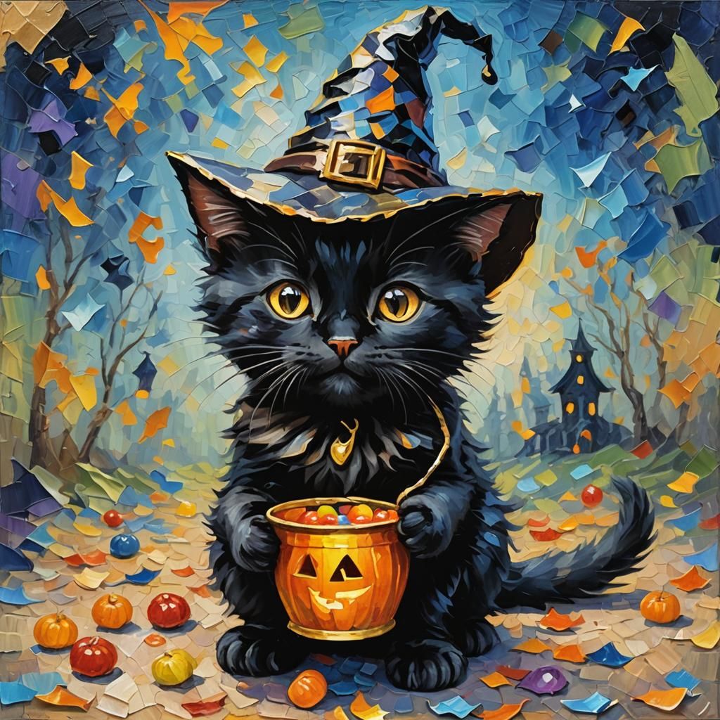 Black Kitten Witch in Neo-Impressionist Halloween Oil Painti...