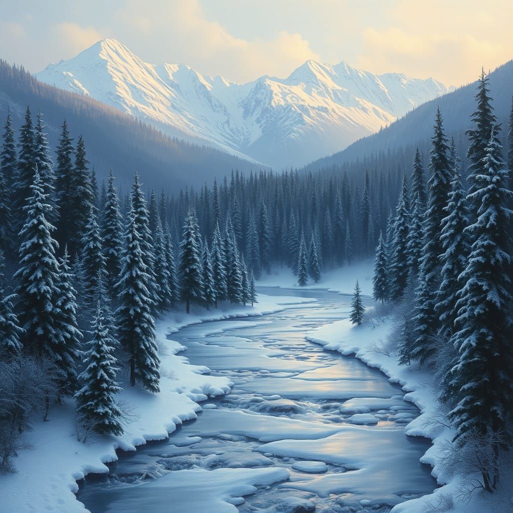 Winter Landscape with Snowy Mountains and River