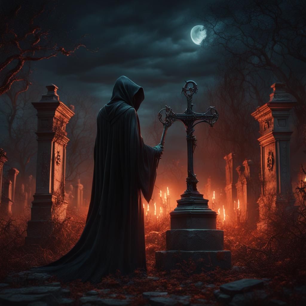 Scary Grim Reaper in Cemetery, Detailed Matte Painting