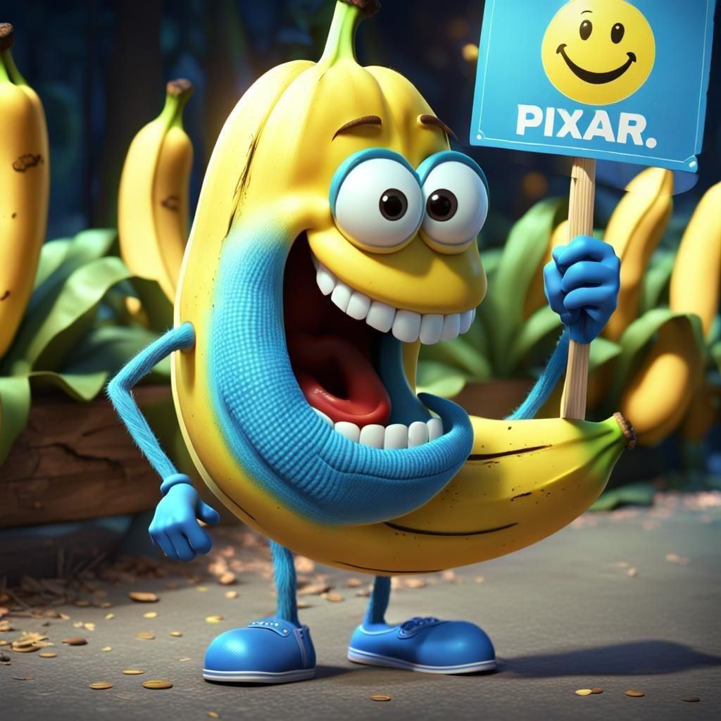 Cartoon Banana Character Holding Sign, Pixar Style