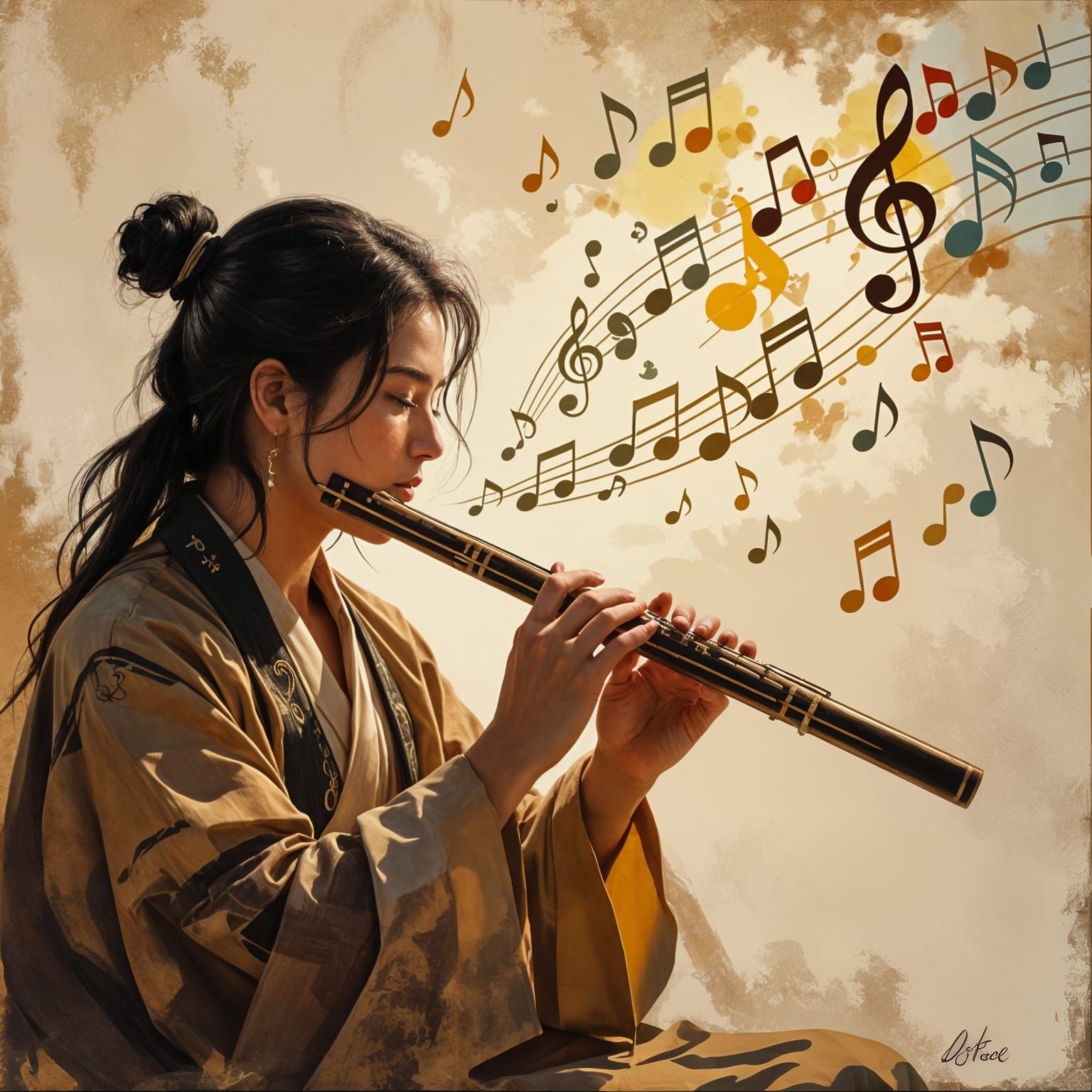 Bamboo Flute with Musical Notes in Realistic Style