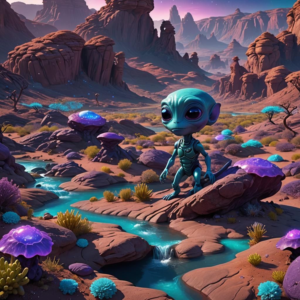 Cute Alien on Alien Planet in Hyperrealistic 3D
