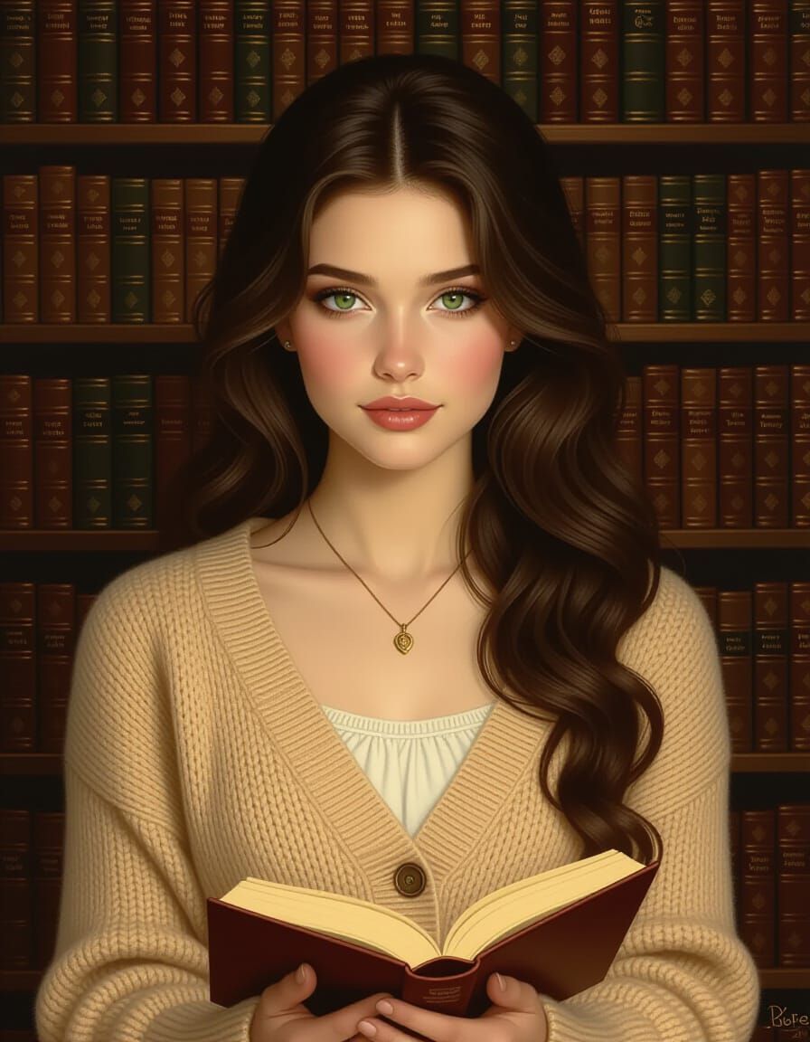 Woman in Reading Room: Romantic Realism Painting