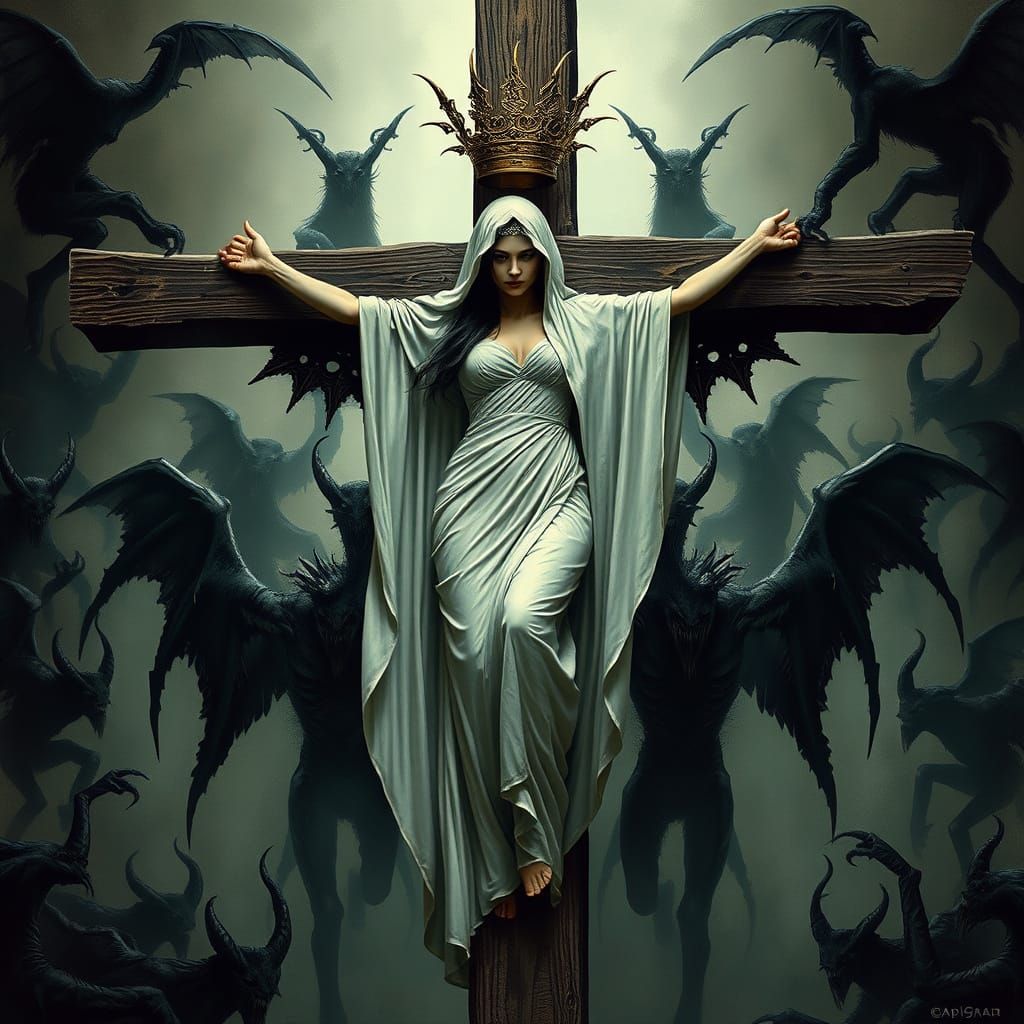 Crucified Woman Surrounded by Mystical Demons