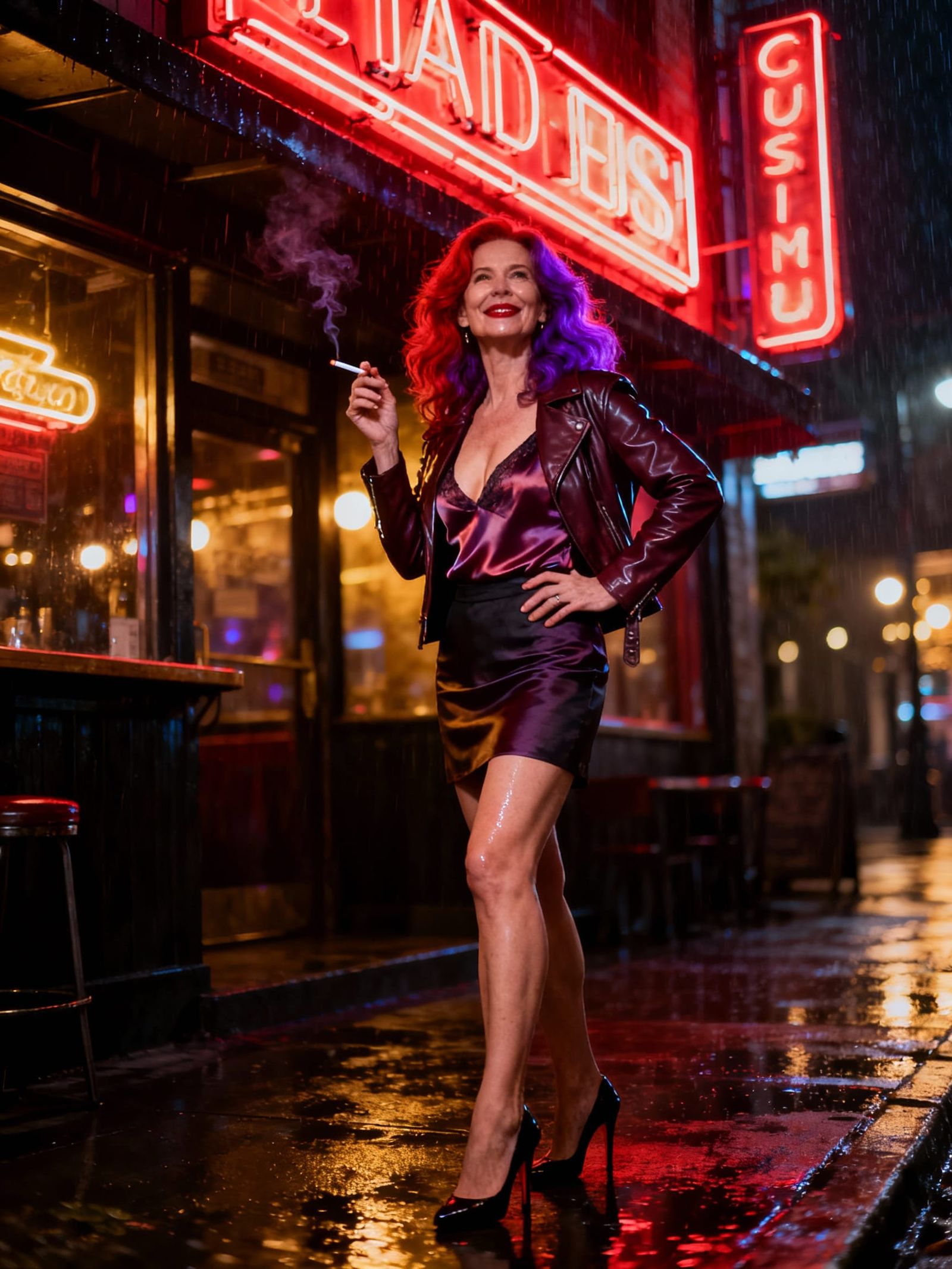 Confident Woman in Neon-Lit Nightlife Scene