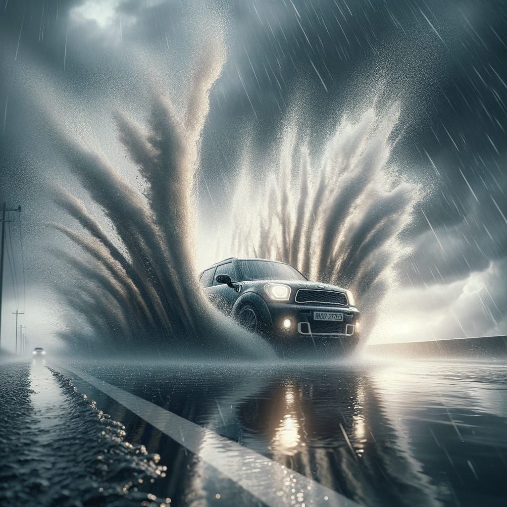 Hyper-Realistic Car Speeds Through Puddle in Freeze-Frame