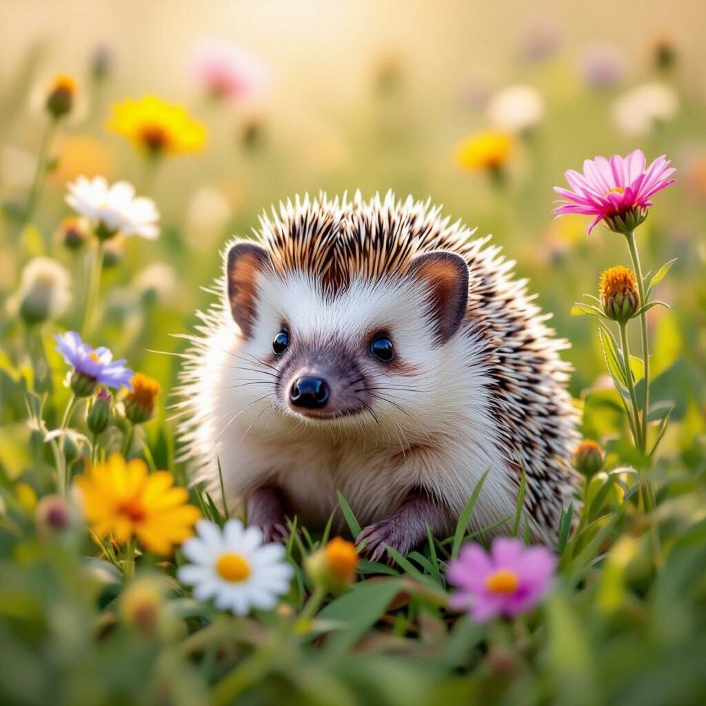 Cute Hedgehog Among Wildflowers Digital Painting