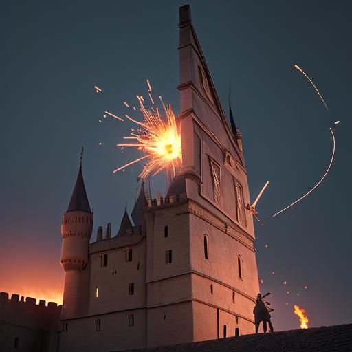 Trebuchet Launches Flaming Projectile in the Night