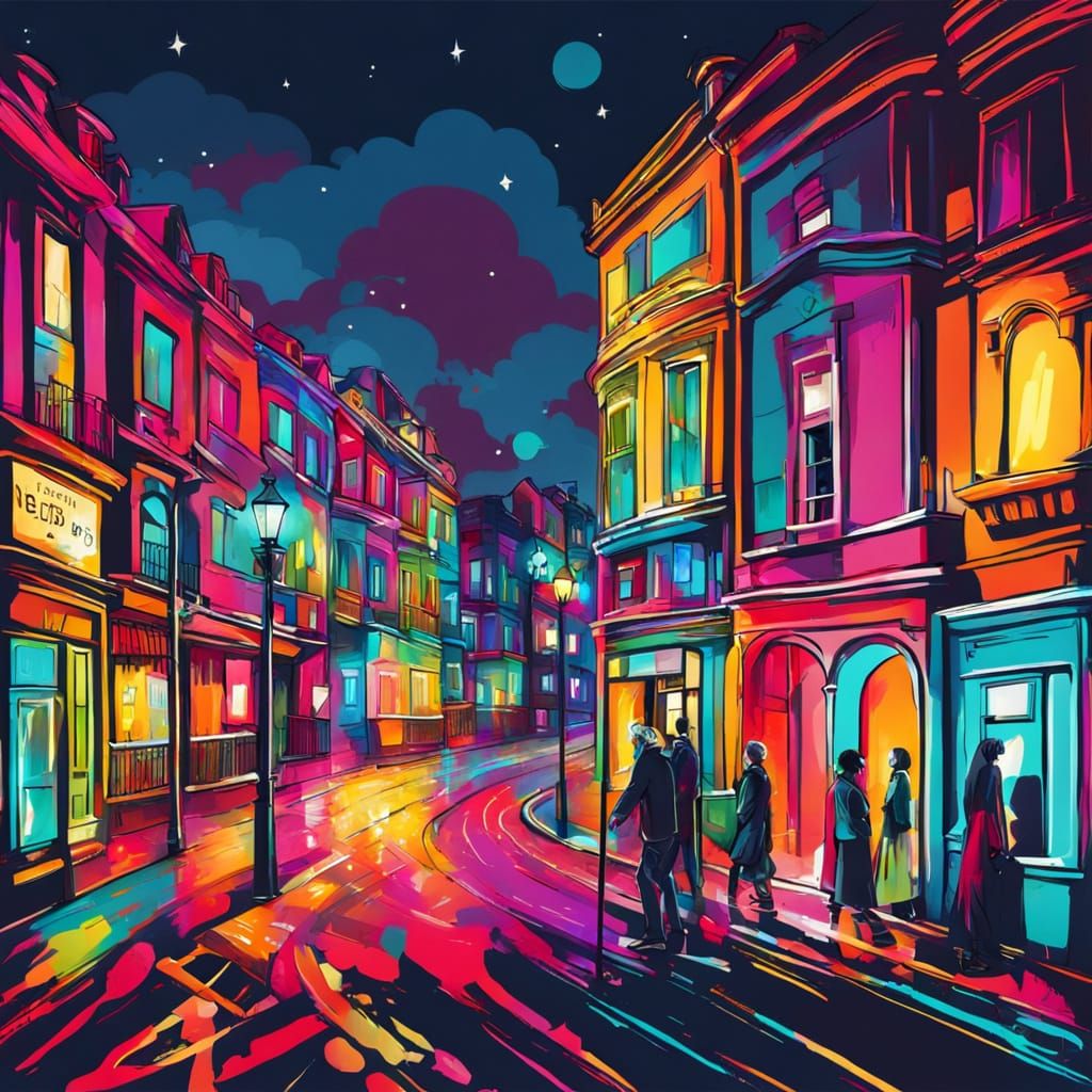 Vibrant Nightlife Scene with Colorful Lights