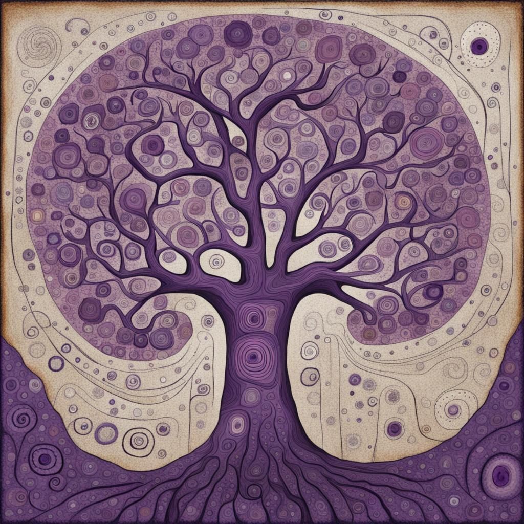 Ancient Purple Tree in Art Brut Style