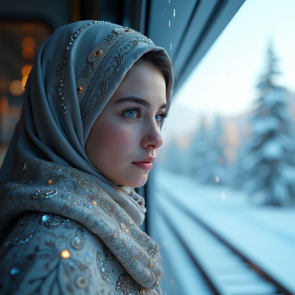 Turkish Girl in Futuristic Train, Winter Wonderland
