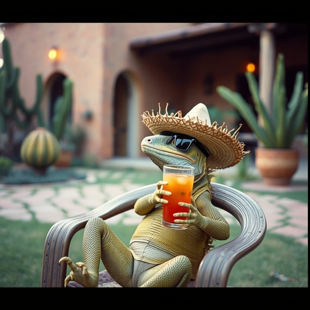 Iguana in Sombrero Enjoying a Drink: Cinematic Still