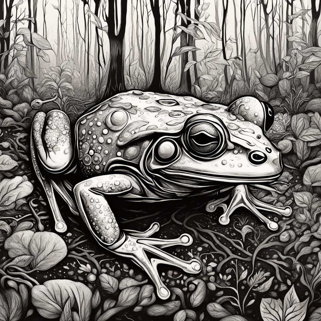 Surreal Whistlerian Frog in Ethereal Forest