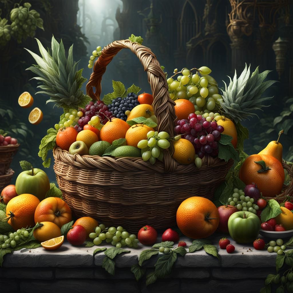 Basket of Fruits and Vegetables in Detailed Painting